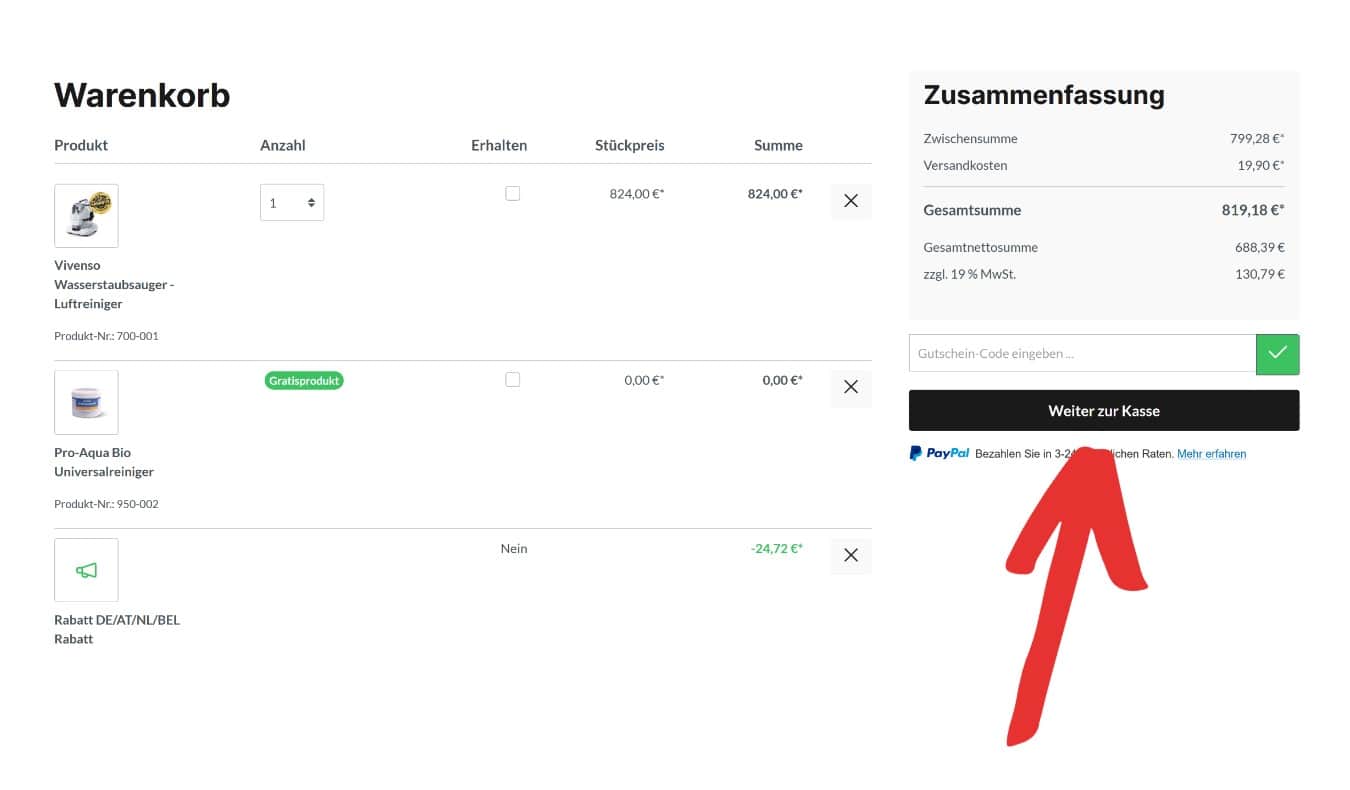 Kasse im Pro-Aqua Onlineshop mit Auswahl der Zahlungsart