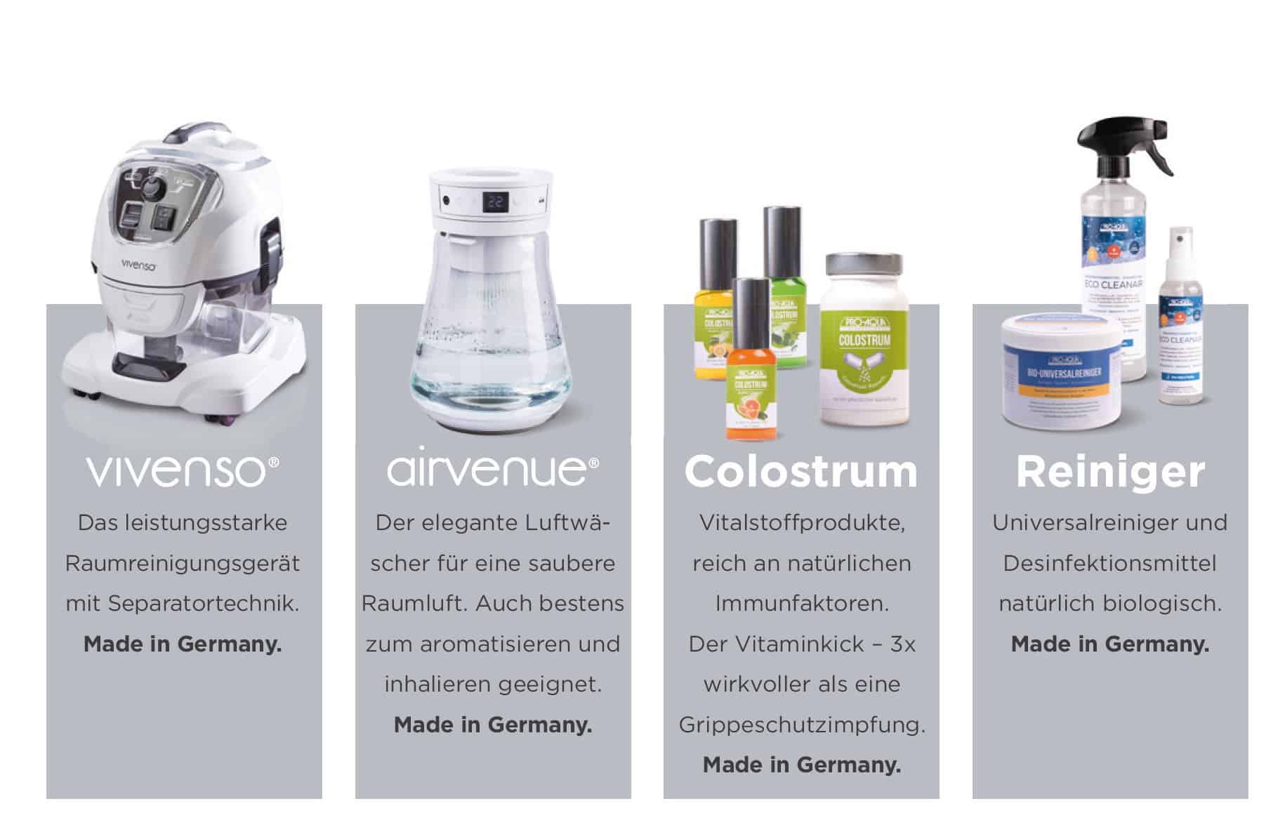 Produktwelt von Pro-Aqua: Vivenso Wasserstaubsauger, Airvenue Luftwäscher und Zubehör