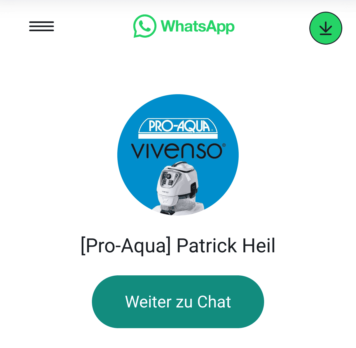 Screenshot: WhatsApp-Dialog mit dem Button „Weiter zu Chat" im Browser