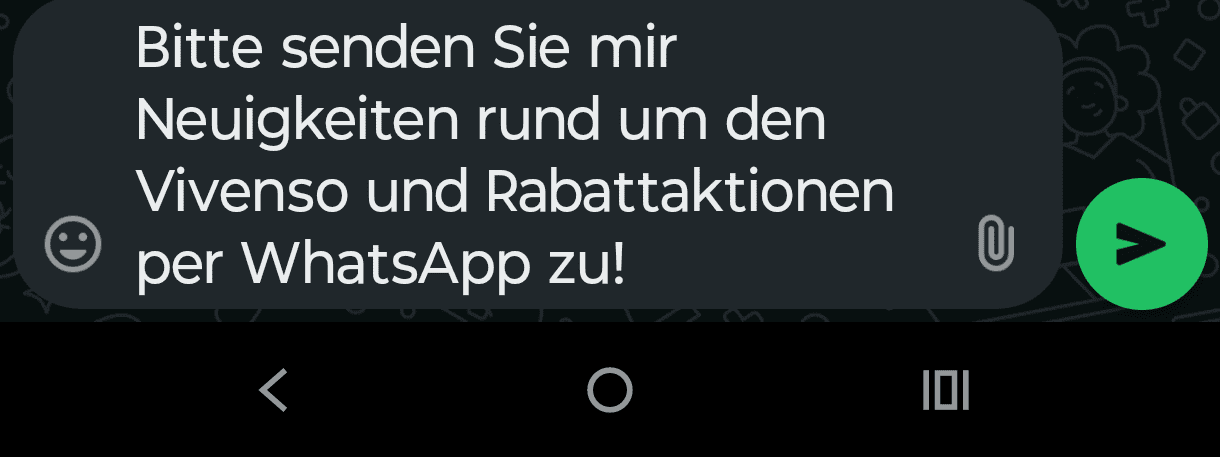 Screenshot: vorbereitete Startnachricht im WhatsApp-Eingabefeld, die nur noch abgeschickt werden muss