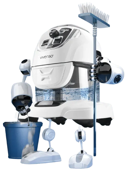 Vivenso Wasserstaubsauger als Roboter mit Wischmopp, Besen und Eimer – ein Gerät für viele Aufgaben
