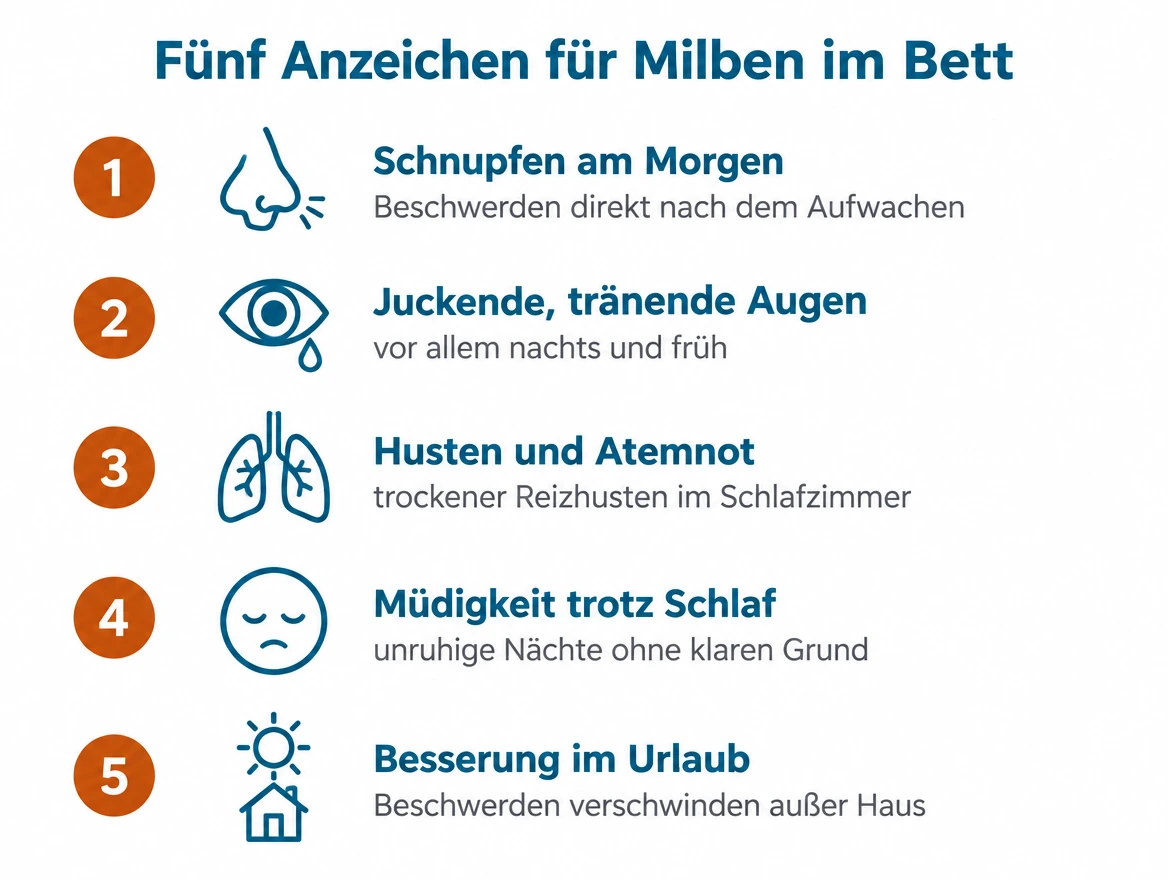 Infografik mit fünf Anzeichen für Milben im Bett: Schnupfen am Morgen, juckende Augen, Husten und Atemnot, Müdigkeit trotz Schlaf, Besserung im Urlaub
