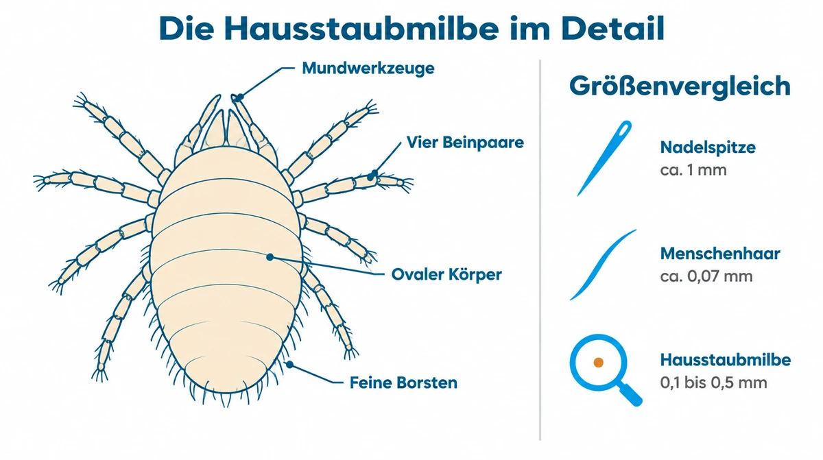 Infografik: Körperbau der Hausstaubmilbe mit Größenvergleich. Die Einzelheiten stehen im Text darunter.