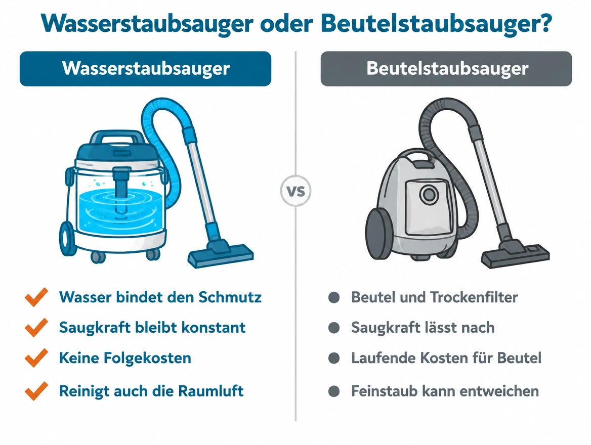 Vergleichsgrafik: Wasserstaubsauger und Beutelstaubsauger in fünf Punkten gegenübergestellt. Die Einzelheiten stehen im Text darunter.